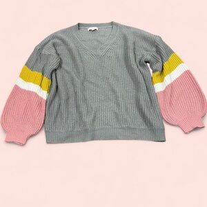 Colorful Gray Sweater with Pink and Yellow Accents